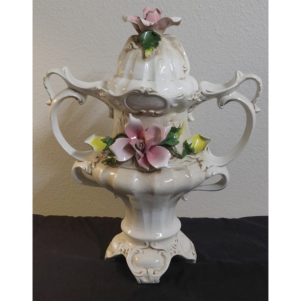 Vintage Capodimonte Italy Porcelain Lidded Urn Vase 15" Floral Rose Centerpiece